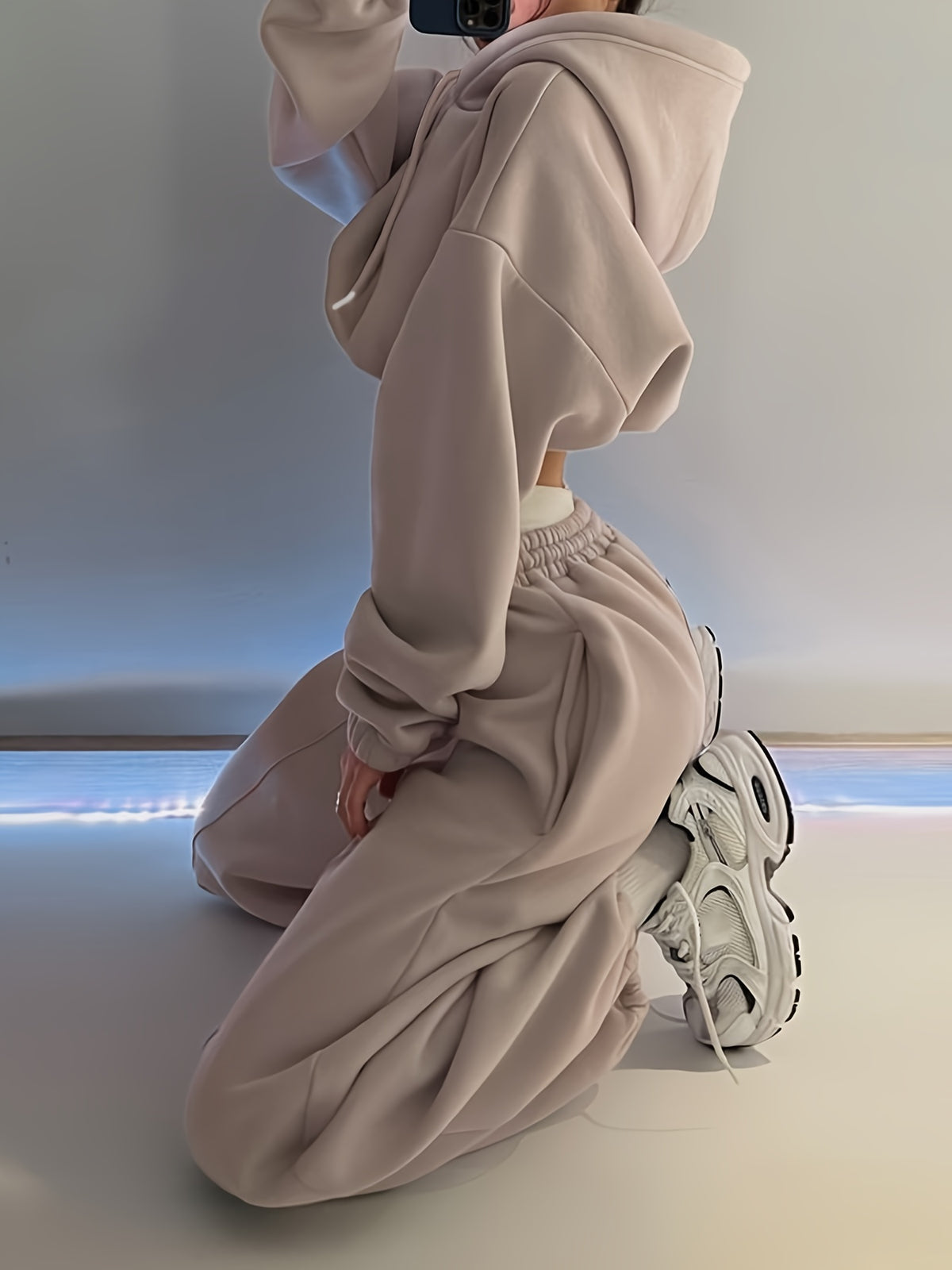 Women's Casual Fall/Winter Solid Color Hoodie & Elastic Waist Pants Se - ayq