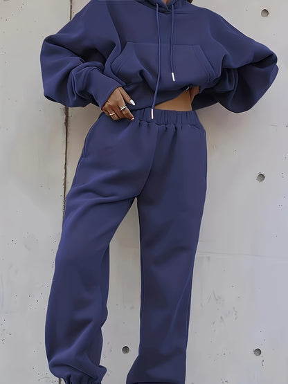 Cozy Fleece-Lined Hoodie & Joggers Set for Women - Casual Solid Color, Long Sleeve with Drawstring Waist, Machine Washable - Perfect for Fall/Winter