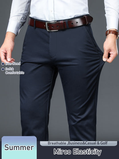 Men's Solid Color Straight Leg Business Style Cotton Blend Pants, Casual Comfy Breathable Outdoor Trousers As Gift