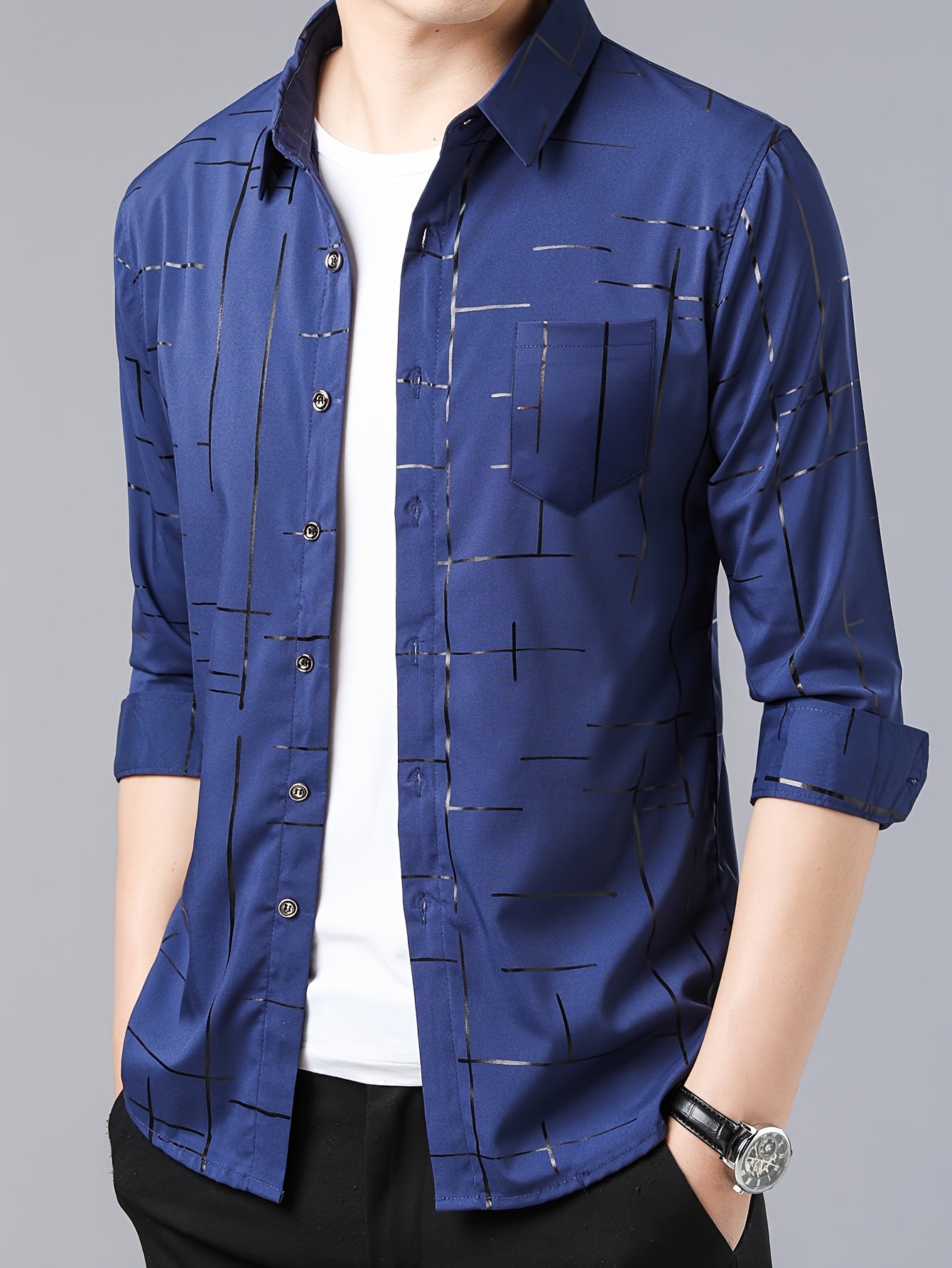 Elegant Men's Maroon Striped Long Sleeve Dress Shirt - Sophisticated Black & Golden Print, Breathable Polyester, Casual Comfort Fit with Classic Collar and Button-Up Front for Casual Attire