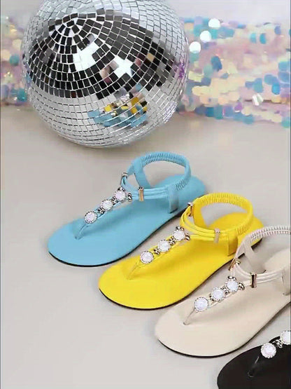 Elegant Summer Women's Flat Sandals with Rhinestone Embellishments and Strappy Back, Split Toe Design, Rubber Sole – Non-Washable, Man Made Materials – Taizhou-Origin