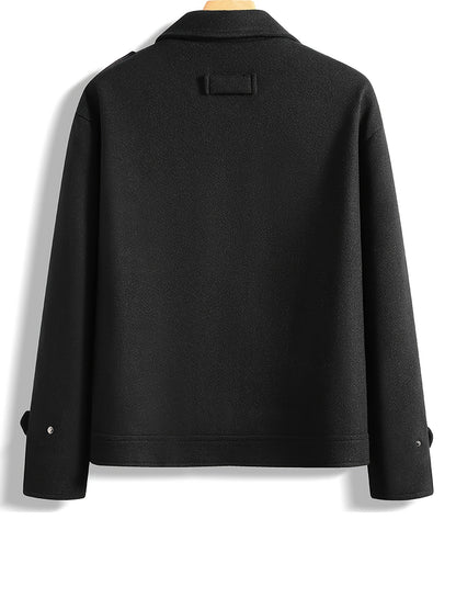 Men's Stylish Autumn/Winter Warm Polyester Casual Jacket with Lapel Collar, Zipper Closure, and Pockets - 100% Polyester Solid Color Loose Fit Coat