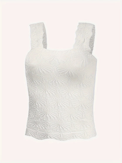 Women's Fashion Cami Tank Top With Jacquard Floral, Wide Shoulder Strap Square Neck Tank Top, Women's Activewear