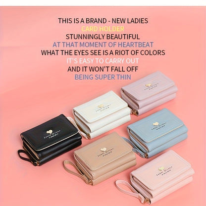 New Women'S Short Wallet, Cute Korean-Style Heart-Shaped, Large Capacity with Multiple Card Slots, Trendy Tri-Fold Design.