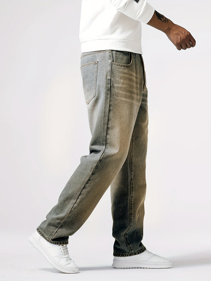 Loose Fit Straight Leg Jeans, Men's Casual Street Style Distressed Denim Pants For All Seasons