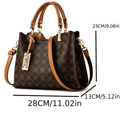 Women's Top-Grain Leather Handbag with Adjustable Strap - Geometric Pr