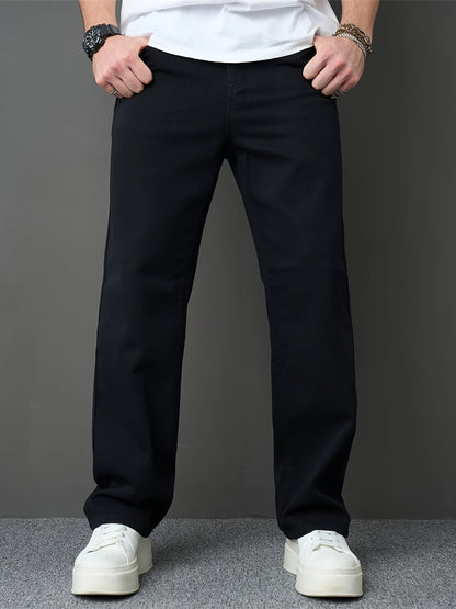 Men's Classic Black Straight-Leg Jeans - Loose Fit, Solid Color Denim, Cotton Blend, Machine Washable, All-Season Style, Streetwear Fashion|Modern Basic Jeans|Cotton Blend Denim