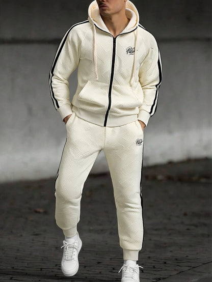 Men's Spring & Fall Jacquard Embroidered Striped Tracksuit Set - 2pcs Zip-Up Hoodie & Pants for Daily Wear, Sports & Outdoor Trips