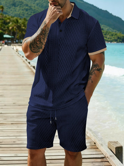 Men's Summer Casual Polo Shirt & Shorts Set with Geometric Print