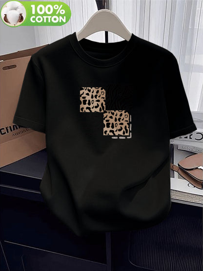 Women’s Casual Cotton T-Shirt with Leopard & Zebra Prints