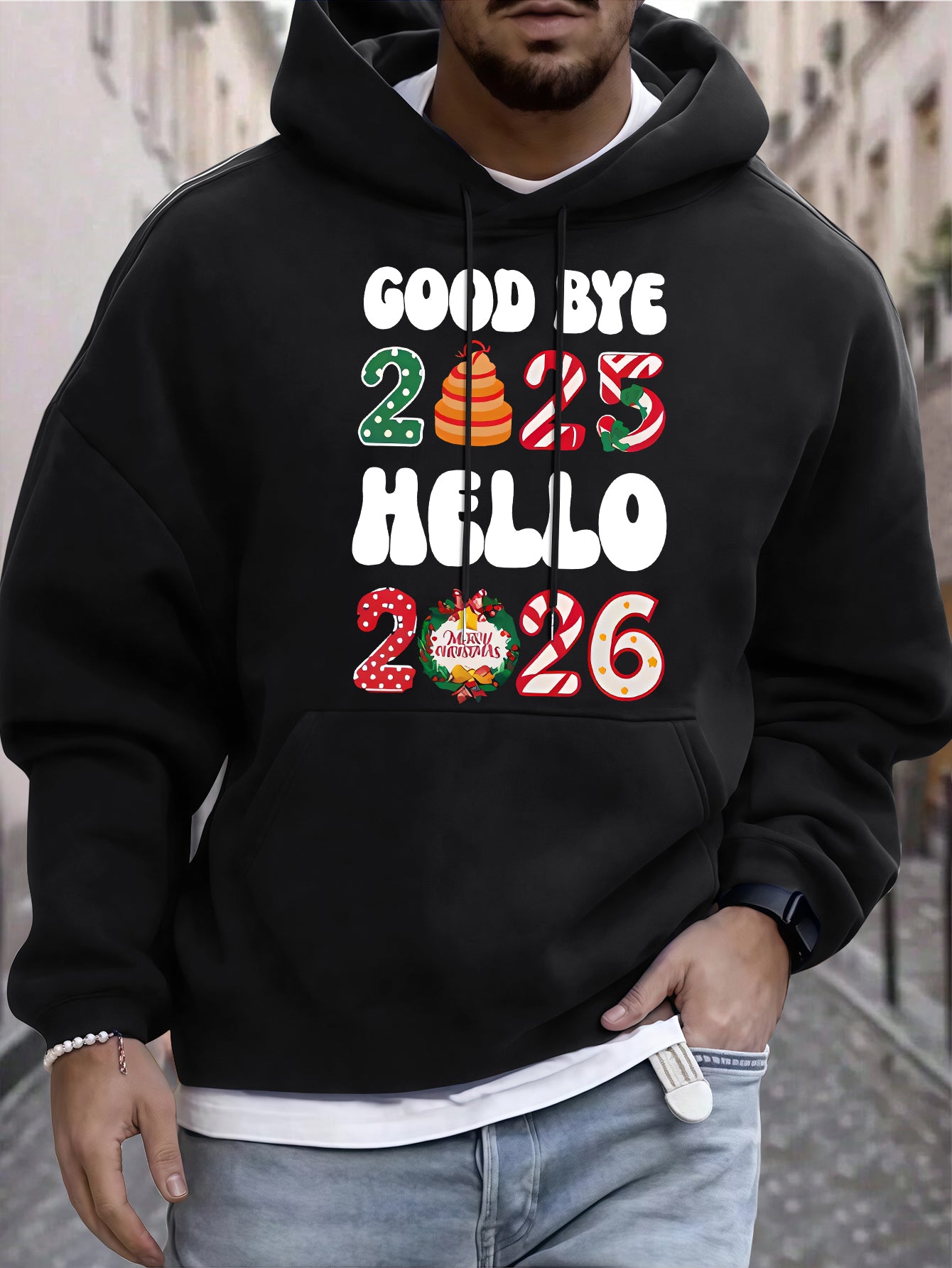 Men'S Casual Hooded Sweatshirt with "Goodbye 2025 Hello 51.46meter Print - Pullover with Colorful Lettering, Regular Fit, Winter Warmth, Casual Wear Hoodie|Casual Style Hoodie|Comfortable Fit Hoodie