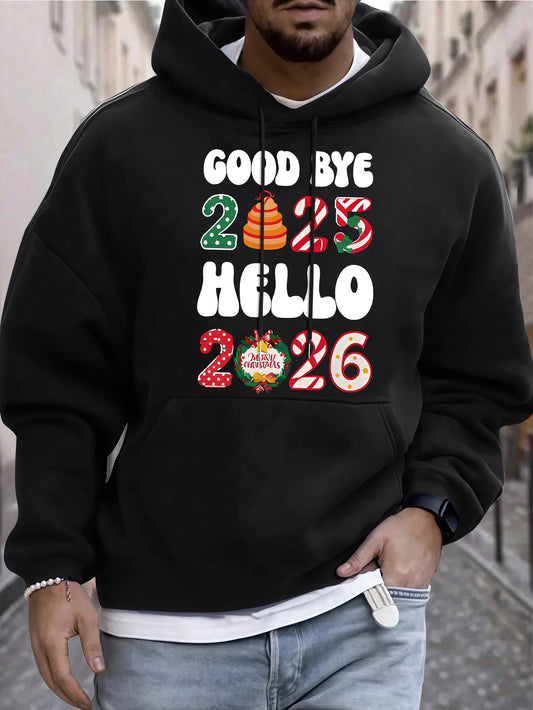 Men'S Casual Hooded Sweatshirt with "Goodbye 2025 Hello 51.46meter Print - Pullover with Colorful Lettering, Regular Fit, Winter Warmth, Casual Wear Hoodie|Casual Style Hoodie|Comfortable Fit Hoodie