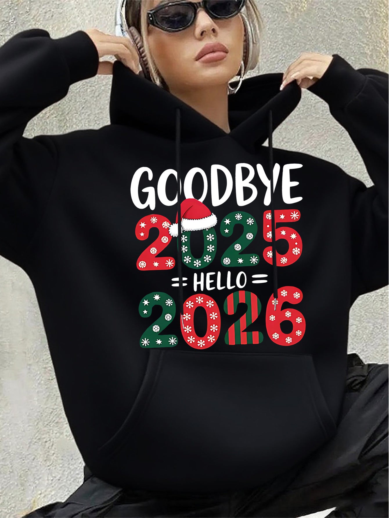 Women's White 2025 New Year & Christmas Hooded Sweatshirt - Goodbye 2024 2025 Print with Snowflakes & Candy Canes, Cozy Winter Pullover Hoodie, Relaxed Fit Casual Sweater for Holiday Parties & New Year's Eve Outfits