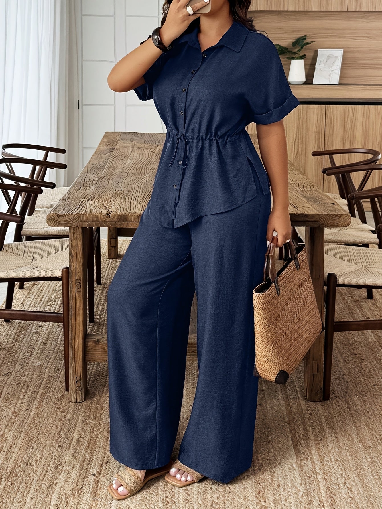 Women's Elegant Polo Neck Pullover & Solid Long Pants Set