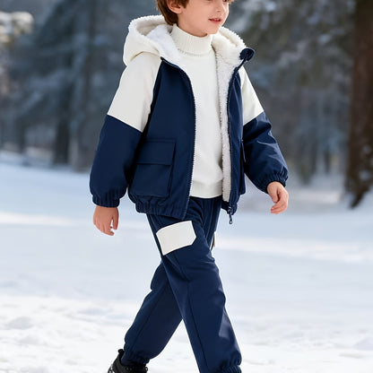 Boys' Casual Fleece-Lined Jacket with Utility Pockets, Open Front Zipper, Matching Single-Pocket Workwear Pants for Autumn/Winter, Perfect for Outdoor Wear, Winter Clothing, Workwear Style, Durable Fabric, Zipup Jacket, Young