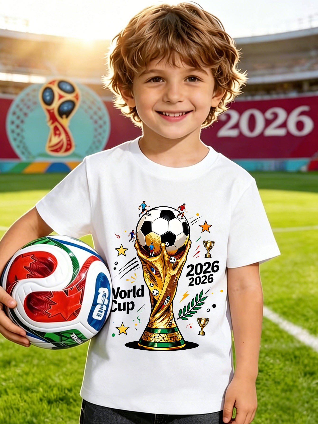 2026 World Cup Kids Cotton Football Tee with Graffiti Print