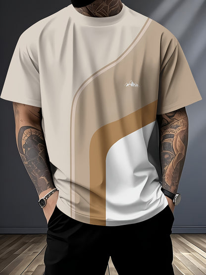 Men'S Beige Geometric Print T-Shirt - Casual Crew Neck, Slight Stretch Fabric, Modern Design with Striking Patterns, Everyday Tshirt   Modern Tshirt   Comfortable Fit