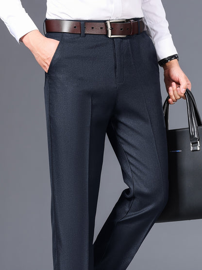 Men's Classic Gray Dress Pants - Medium Thick, Straight Fit with Slant Pockets & Zipper Closure, Polyester, Non-Stretch Fabric for Business Casual & Formal Wear, Ideal for Spring/Autumn