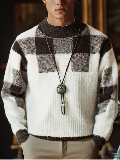 Տղամարդու կլոր վզնոցով սվիտեր, աշնանային և ձմեռային նոր ոճեր, նորաձև և բազմակողմանի, դիմացկուն, հաստ և տաք, երկար թևքերով, վանդակավոր նախշերով, մաշկին հարմար, հարմարավետ, փափուկ, երիտասարդական և նորաձև, նեղ չափսերով, նորաձև, գործնական