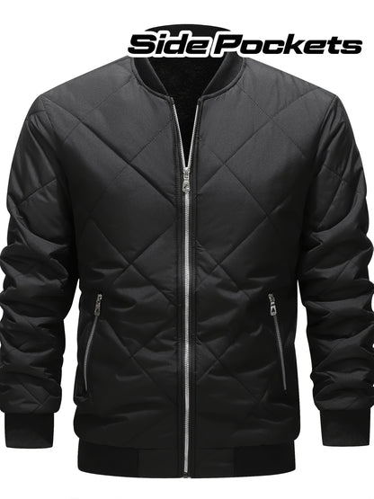 Men's Winter Casual Bomber Jacket - Black with Diamond Quilted Design, 100% Polyester, Zipper Front & Side Pockets, Regular Fit for Outdoor Activities