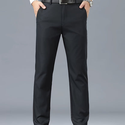 Men's Classic Business Casual Pants - Polyester, Solid Color, Regular Fit for All Seasons