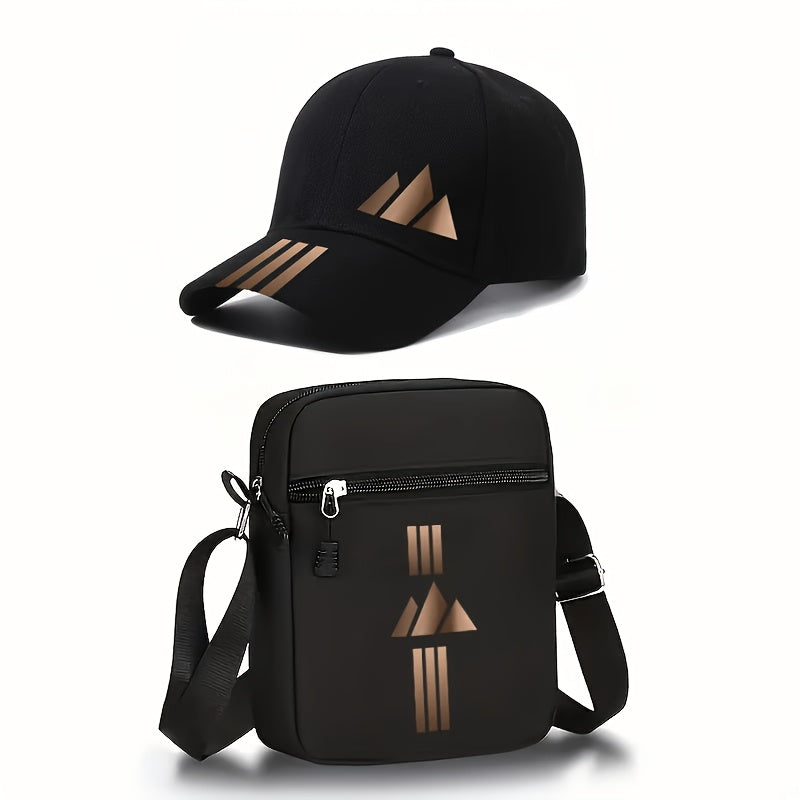 Unisex Curved Brim Baseball Cap & Crossbody Bag Set with Geometric Pri
