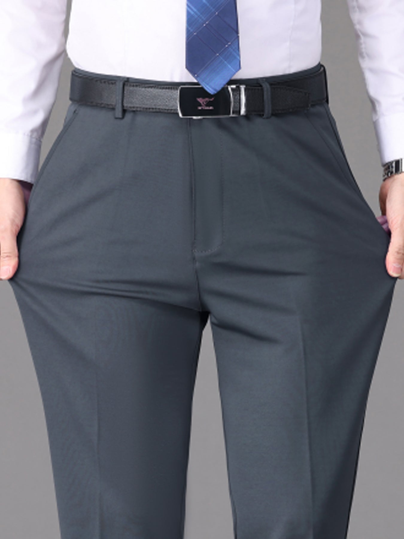 [Lightweight Design] Men's High-Waist Stretch Dress Pants - Wrinkle-Resistant, Dark Blue Business Casual with Pockets, Straight Leg Fit for Spring/Fall