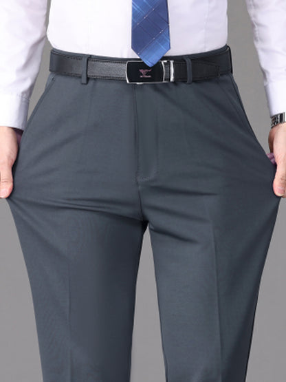 [Lightweight Design] Men's High-Waist Stretch Dress Pants - Wrinkle-Resistant, Dark Blue Business Casual with Pockets, Straight Leg Fit for Spring/Fall