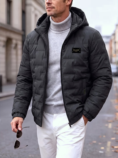 Men's Hooded Padded Jacket with Letter Print for Fall Winter