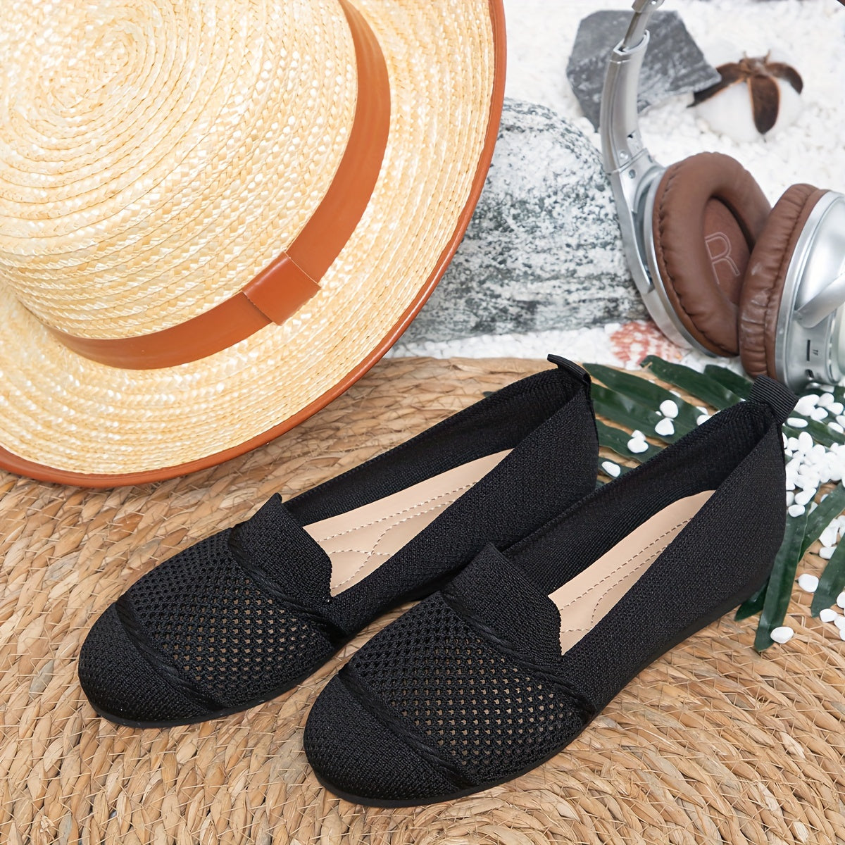 Women's Solid Color Knitted Flats, Lightweight Flat Soft Sole Walking Shoes, Round Toe Daily Footwear