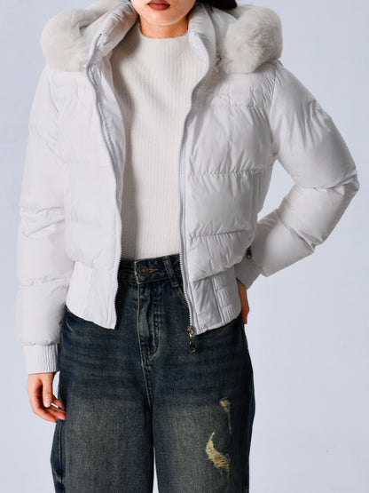 Էլեգանտ պոլիեսթերային բարձիկով կանացի բաճկոն - 2024 թվականի նորաձև կարճ միագույն վերարկու՝ հաստ արհեստական ​​մորթուց օձիքով, երկար թևքերով, կայծակաճարմանդով, գործված - Ձմեռային ջերմություն, առօրյա վերնազգեստ