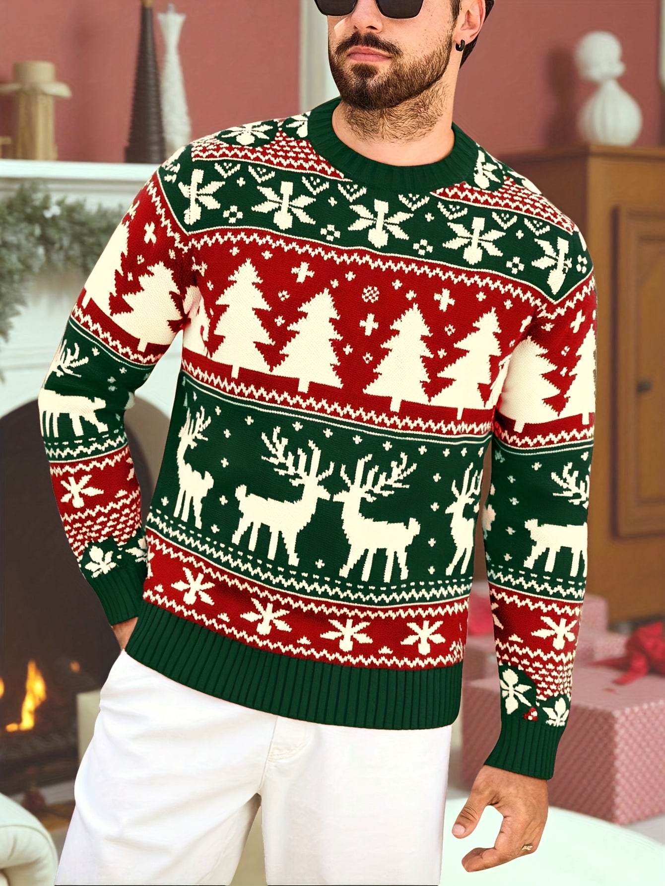 Christmas Theme Knitted Sweater | Warm and Comfortable, Ideal for Self-Wear or Gifting, Crew Neck, Long Sleeve, Acrylic Material, Fall/Winter Season