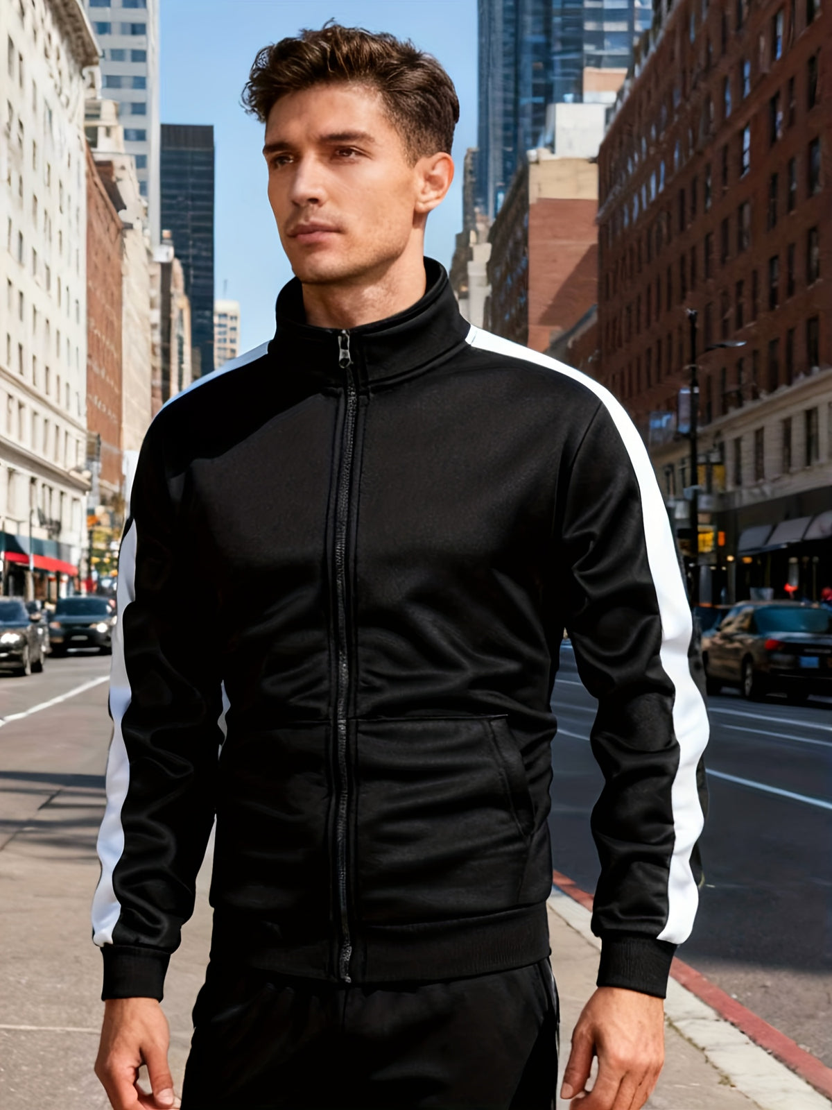 Men's Zip-Up Sports Jacket with Color-Block Design for Casual Wear