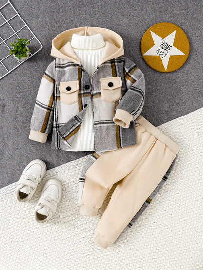 Boys' Plaid Hooded Jacket & Joggers Set - Cozy Fall Winter Outfit