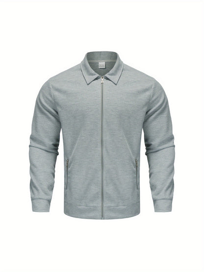 1pc Men'S Casual Polyester Zip-Up Jacket with Lapel Collar, Solid Color, Slight Stretch, Woven Fabric, Regular Fit, No Lining - Spring/Fall Outerwear