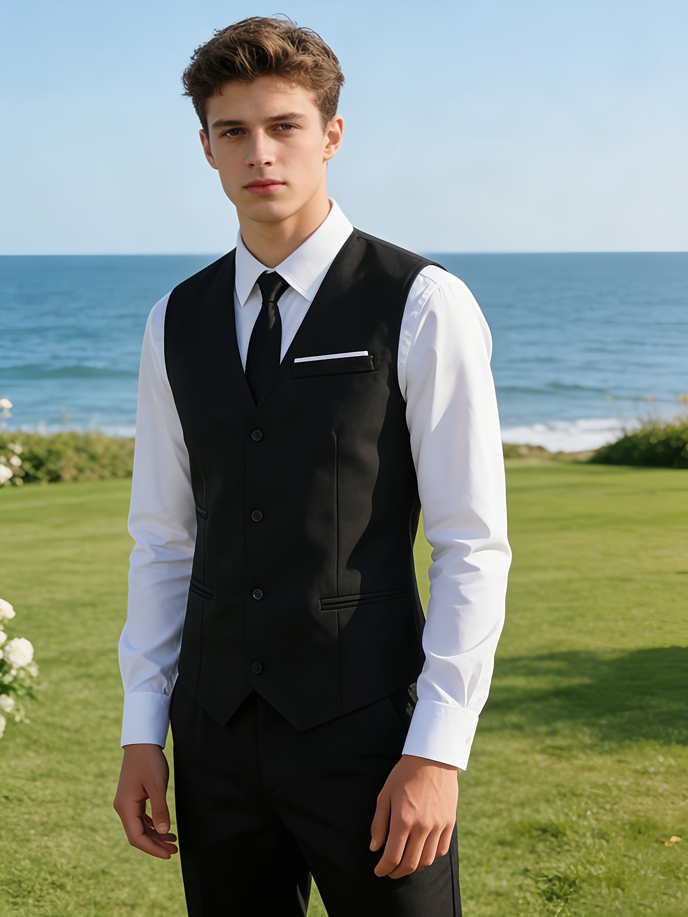 Teen Boys Black Two-Piece Vest Suit with Elastic Waist Pants