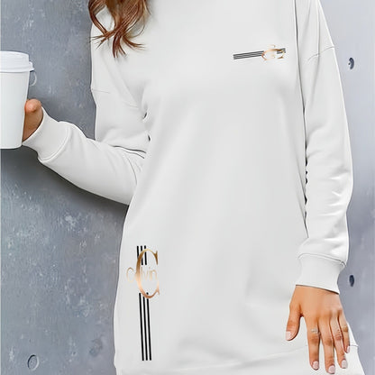 Կանացի էլեգանտ տառերով տպագիր գլխարկով սվիտեր - հաստ բրդյա աստառով երկար զգեստ՝ ոսկեգույն գրվածքով և ոսկեգույն գրվածքով, առջևի կայծակաճարմանդով փակվող, բոլոր եղանակների համար նախատեսված առօրյա էլեգանտ սվիտեր, գեղեցիկ վերնաշապիկ