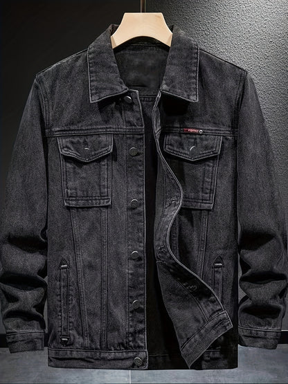 Men's Spring/Autumn Denim Jacket - Casual Chic Style, Black Blend with Red Accents, Button-Up with Flap Pockets, Long Sleeves, Ideal for Hiking & Casual Attire, Outdoor Apparel|Classic Denim Style|Durable Fabric