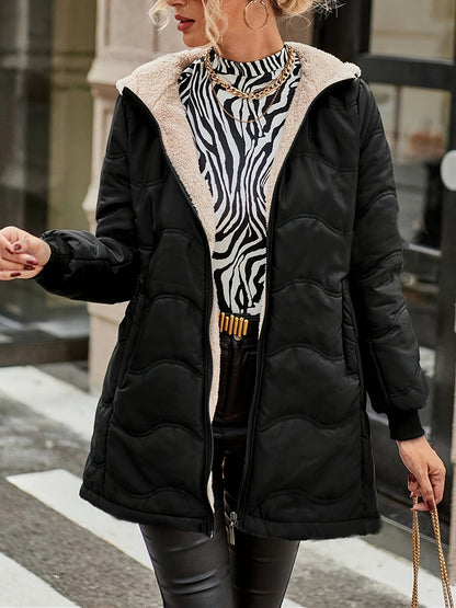 1pc Women'S Winter Warmth Casual Fleece-Lined Jacket with Zipper Pockets - Solid Color Polyester Woven Outerwear