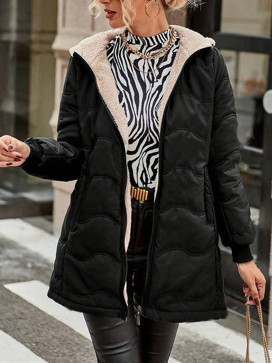 1pc Women'S Winter Warmth Casual Fleece-Lined Jacket with Zipper Pockets - Solid Color Polyester Woven Outerwear
