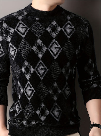 Maqiqi OBM Men's New Autumn/Winter Knit Pullover, Plaid Pattern Men's Sweater with Letter Decoration, Faux Mink Fur Round Neck Long Sleeve Men's Top, Soft and Comfortable Fabric, Suitable for Casual Outings, Men's Gift