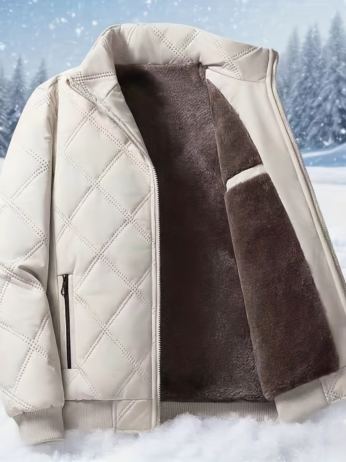 Men's Quilted Fleece Jacket with Stand Collar & Full-Zip Closure - Thick Winter Coat, Black/Brown & Warm Lining, Casual Outdoor Winter Wear for Skiing,, Cold Weather (Hand Wash/Dry Clean)