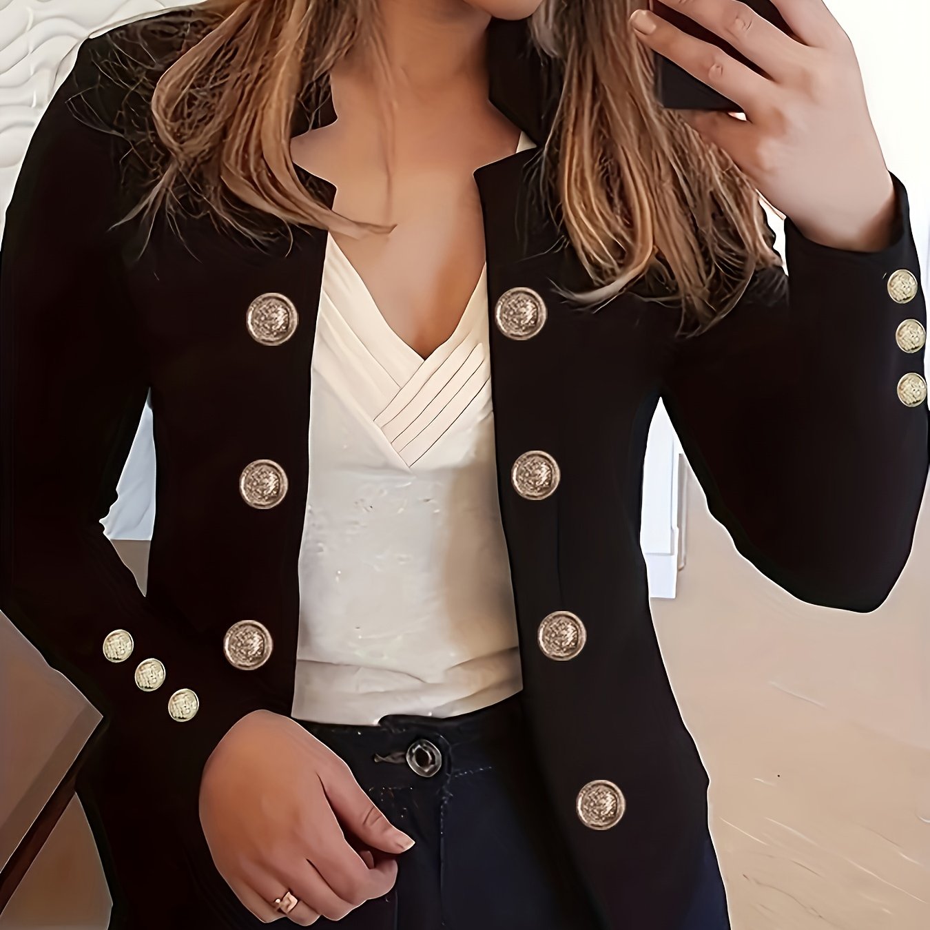 Plus Size, Women's Navy Blue Double-Breasted Blazer - Elegant Long Jacket with Button Front Closure, Machine Washable Office & Party Coat for Women, Formal Everyday Chic Outerwear, Spring Fashion, Classic Silhouette, Structur