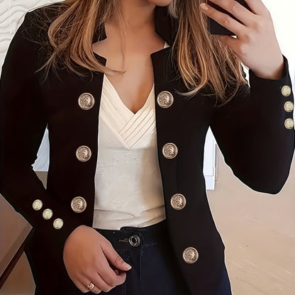 Plus Size, Women's Navy Blue Double-Breasted Blazer - Elegant Long Jacket with Button Front Closure, Machine Washable Office & Party Coat for Women, Formal Everyday Chic Outerwear, Spring Fashion, Classic Silhouette, Structur