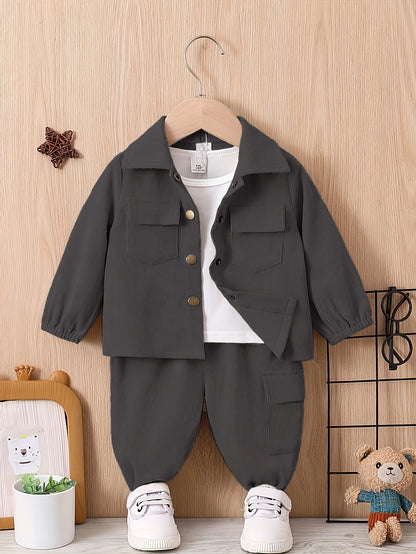2pcs Boys' Casual Outfit Set - Light Gray Polyester Cargo Pants & Button-Up Shirt with Pockets, Machine Washable - Perfect for Fall/Winter, Autumn Toddler Outfit|Cargo Pants Outfit|Functional Pockets Design, Perfect for Outdo