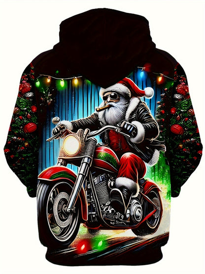 Plus Size Men'S Festive Santa Claus Motorcycle Hoodie - Long Sleeve, Casual Pullover with Drawstring and Kangaroo Pocket, Polyester, Machine Washable - Perfect for Autumn and Winter Street Style | Christmas Claus Motor Print