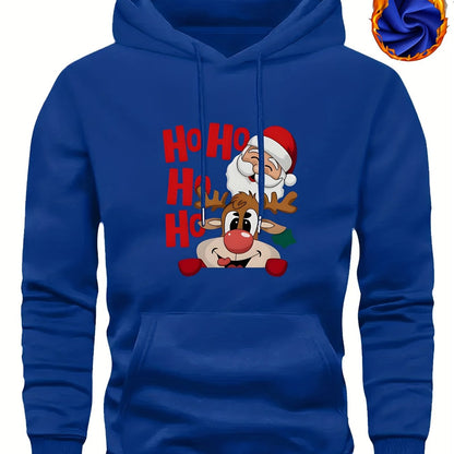 Men's Christmas Hooded Sweatshirt with Rudolph & Santa Print - Thickened Winter Pullover Hoodie, Warm Long Sleeve Casual Sweater for Skiing, Parties, Team Events - Machine Washable (Couple Matching, Unisex Style)