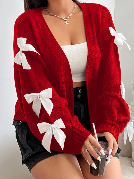 Plus Size - Women'S Casual V-Neck Cardigan with Playful Bow Details - Red, Long Sleeve, Button-Up Front, Lightweight & Breathable for Spring/Fall, Perfect for Casual Attire or Vacation Style, Spring Outerwear | Vneck Design |