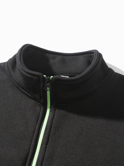 Men's Sporty Full-Zip Stand Collar Sweatshirt - Long Sleeve Casual Pullover with Neon Green Accents, Solid Color Non-Stretch Fabric, Regular Fit for Fall Winter