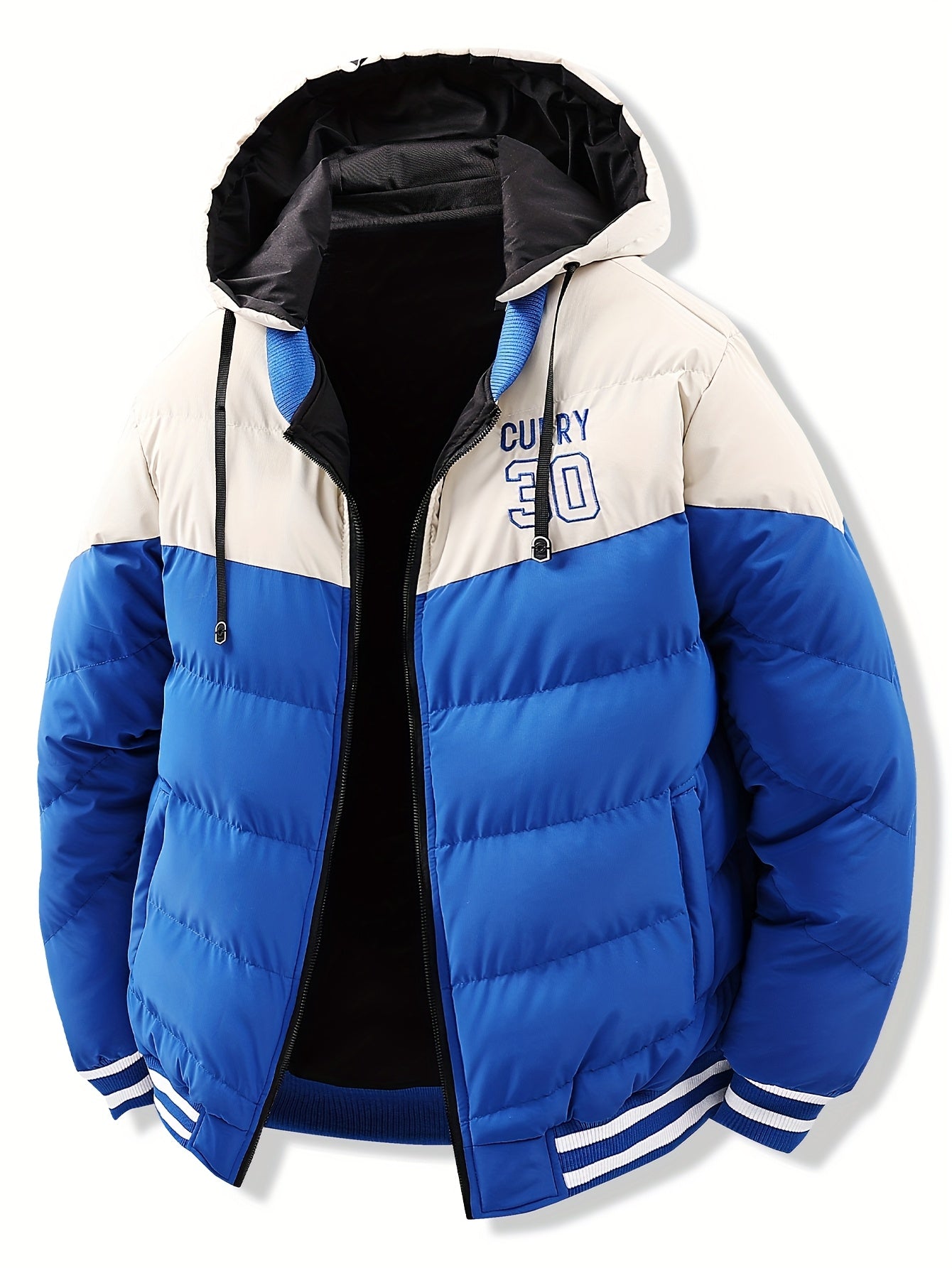 Men's Modern Streetwear Hooded Jacket with Embroidered Lettering, Color-Block Design, Removable Hood & Polyester Fill - Machine Washable Long Sleeve Coat with Pockets for Fall Winter Casual Wear